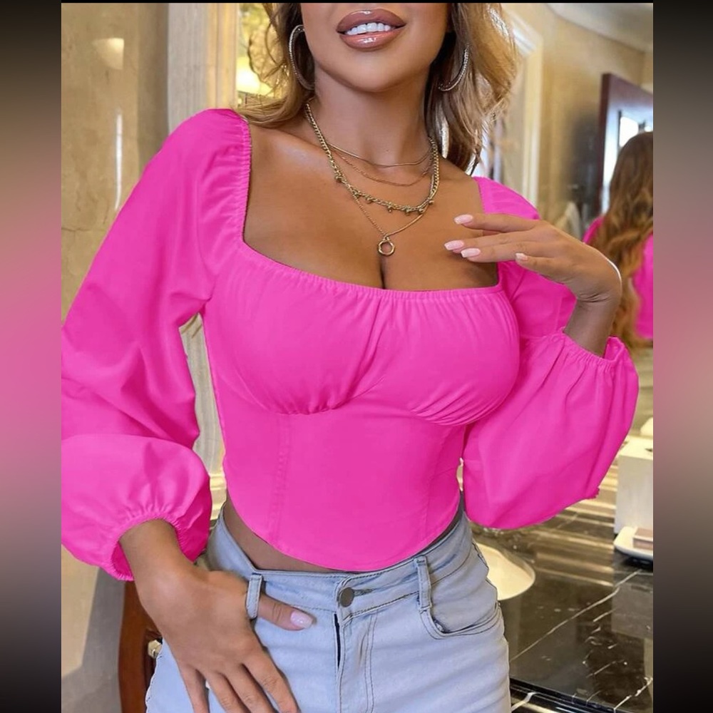 SHEIN SXY Solid Lantern Sleeve Crop Blouse